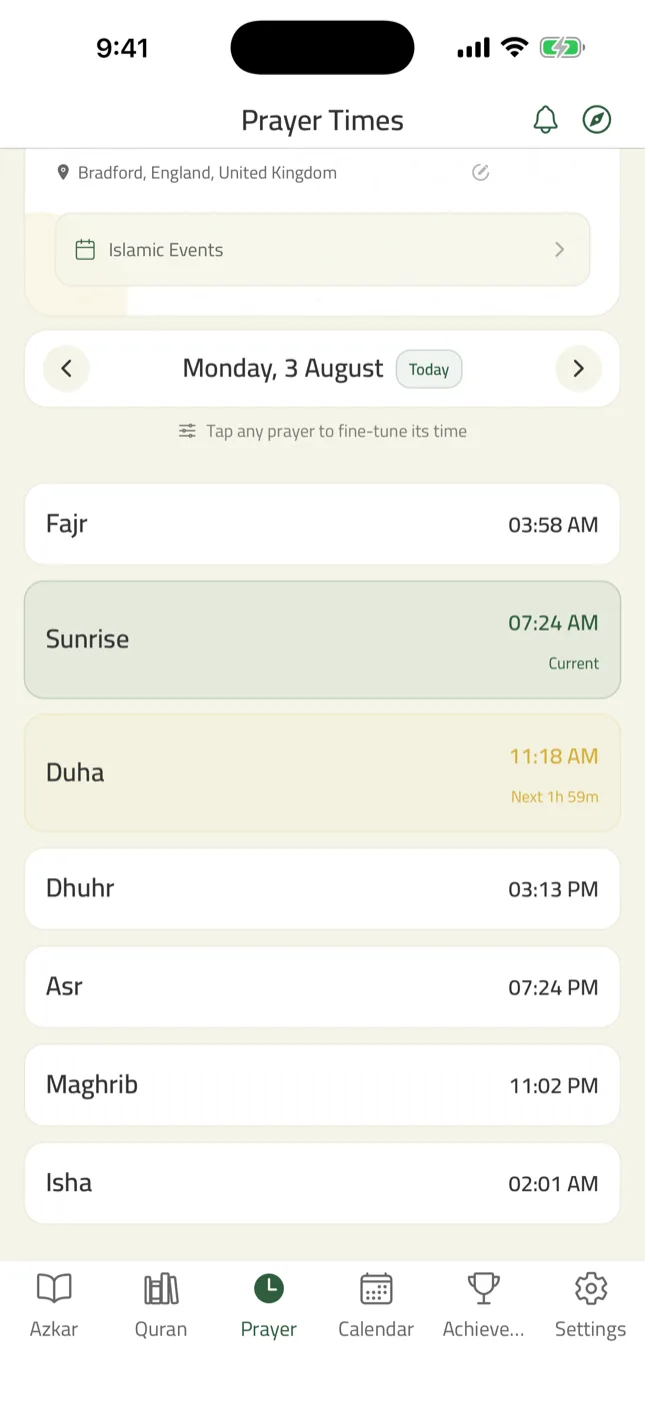 Zad prayer times screen for Bradford with the current prayer marked and the time remaining until the next