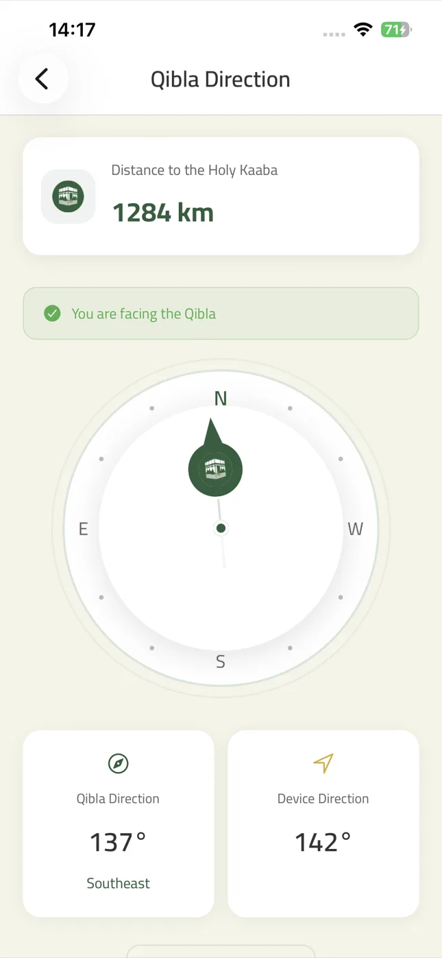 Zad qibla compass showing the bearing to Makkah in degrees, with the distance to the Kaaba