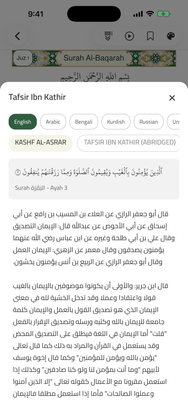 Zad ayah with the tafsir panel open beside it
