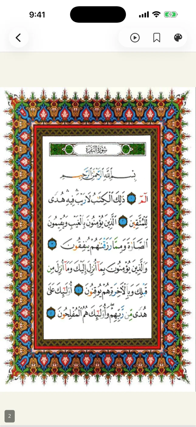 صفحة من مصحف التجويد الملوّن في زاد، وأحكام التجويد مبيّنة بالأحمر والأخضر والأزرق داخل إطار مزخرف